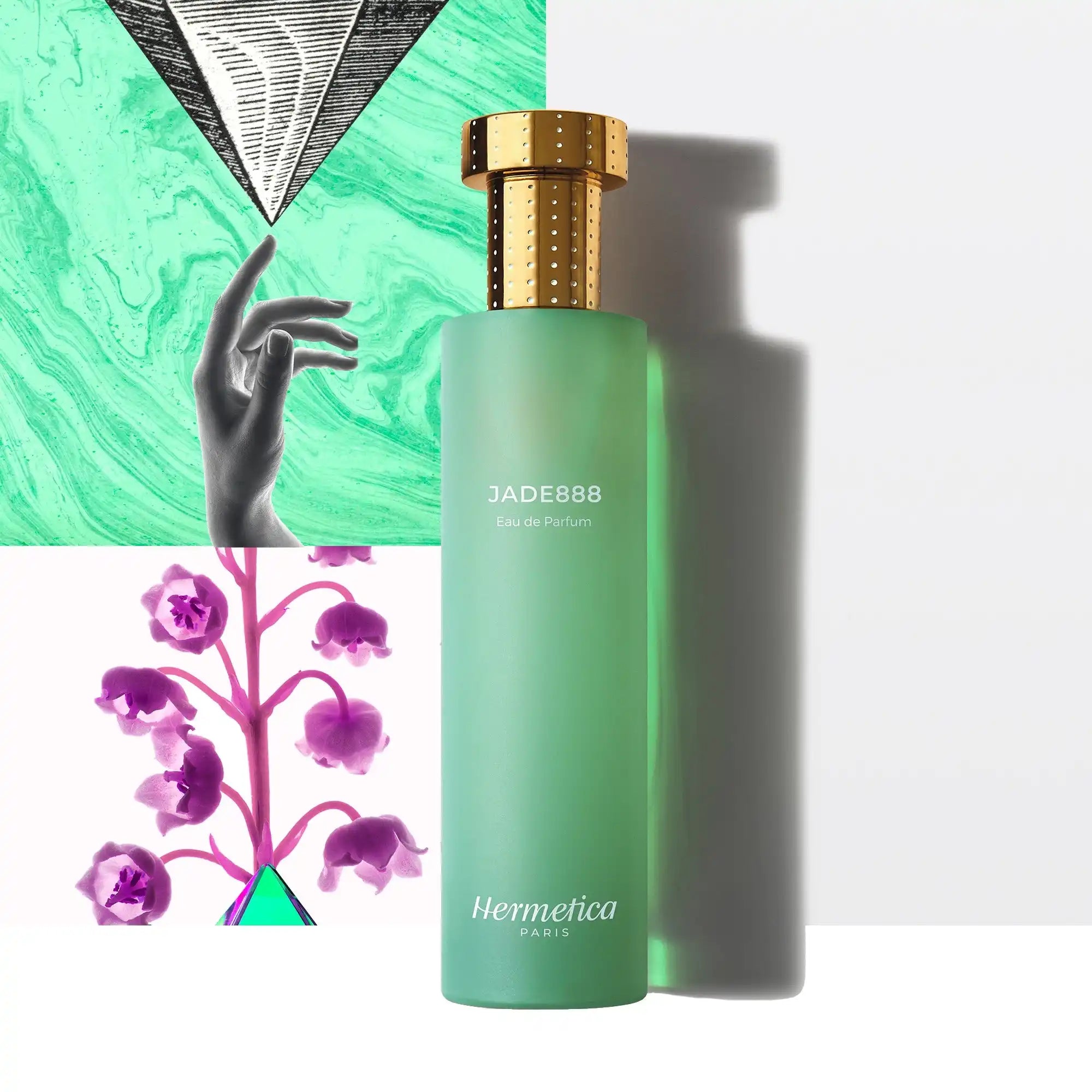 Mint green perfume bottle with a gold cap and ’JADE888’’ text.